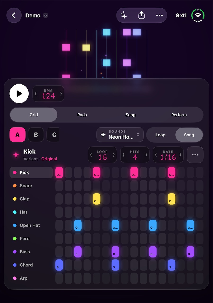 PolychromBox on iPhone Duo open flat: the whole grid of nine sounds under the lights