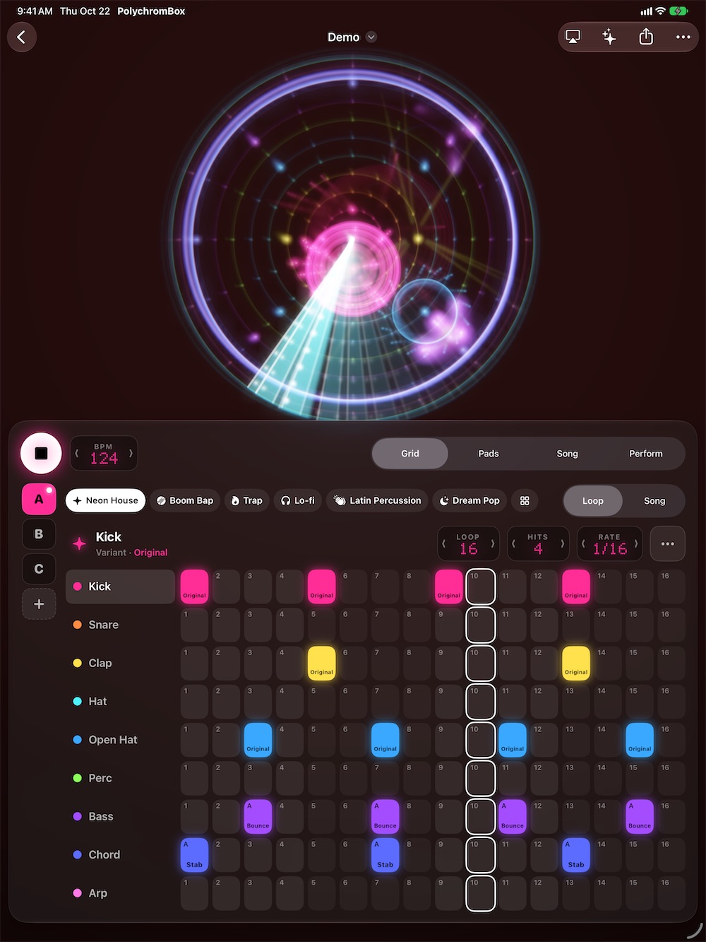 PolychromBox on iPad: the full grid of nine sounds under the lights