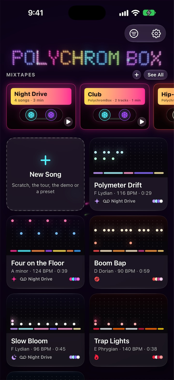The home screen: the name in lights, a shelf of mixtapes, and your songs, each a card with its colors and steps