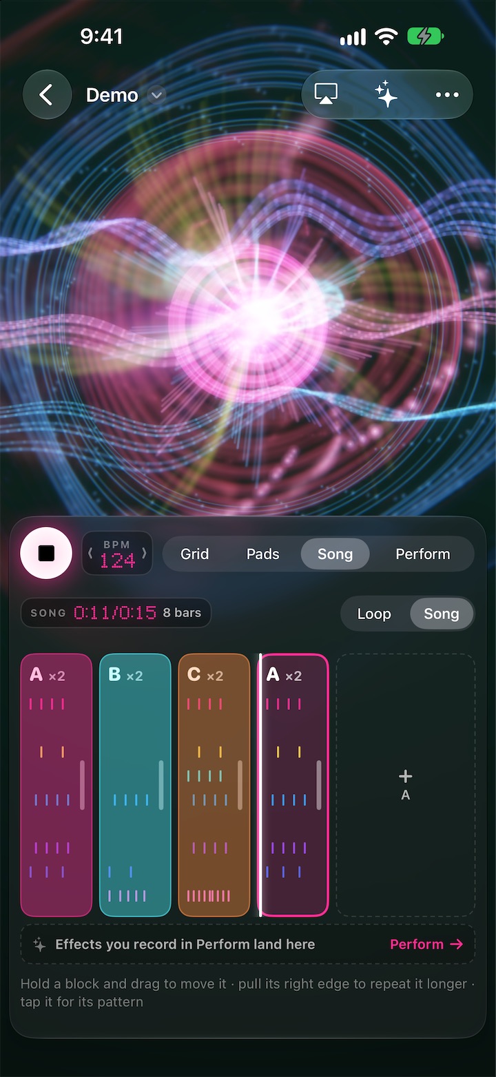 The Song tab: the song's blocks in a row, the part playing brighter